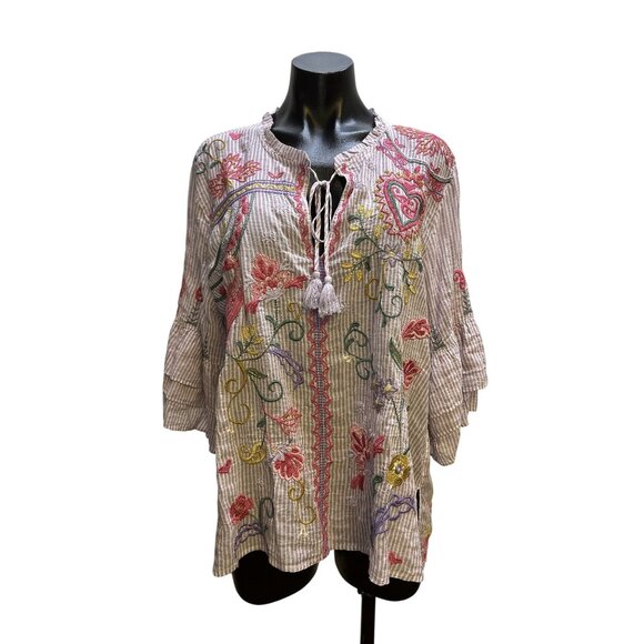 Johnny Was Workshop Purple & White Striped Embroidered Blouse Size L - Picture 1 of 7